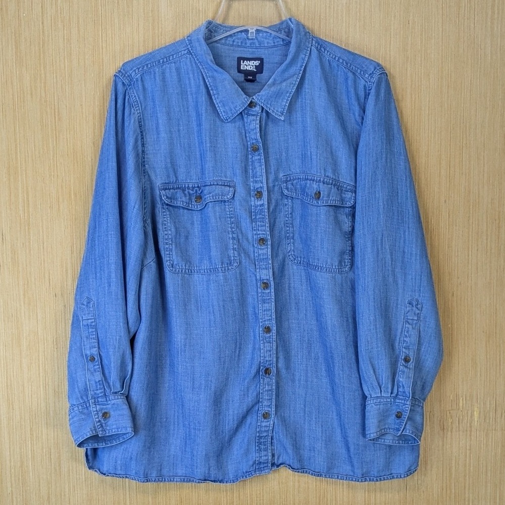 Lands End Women's Denim Button Down Long Sleeve Shirt Size 3X Blue Lyocell